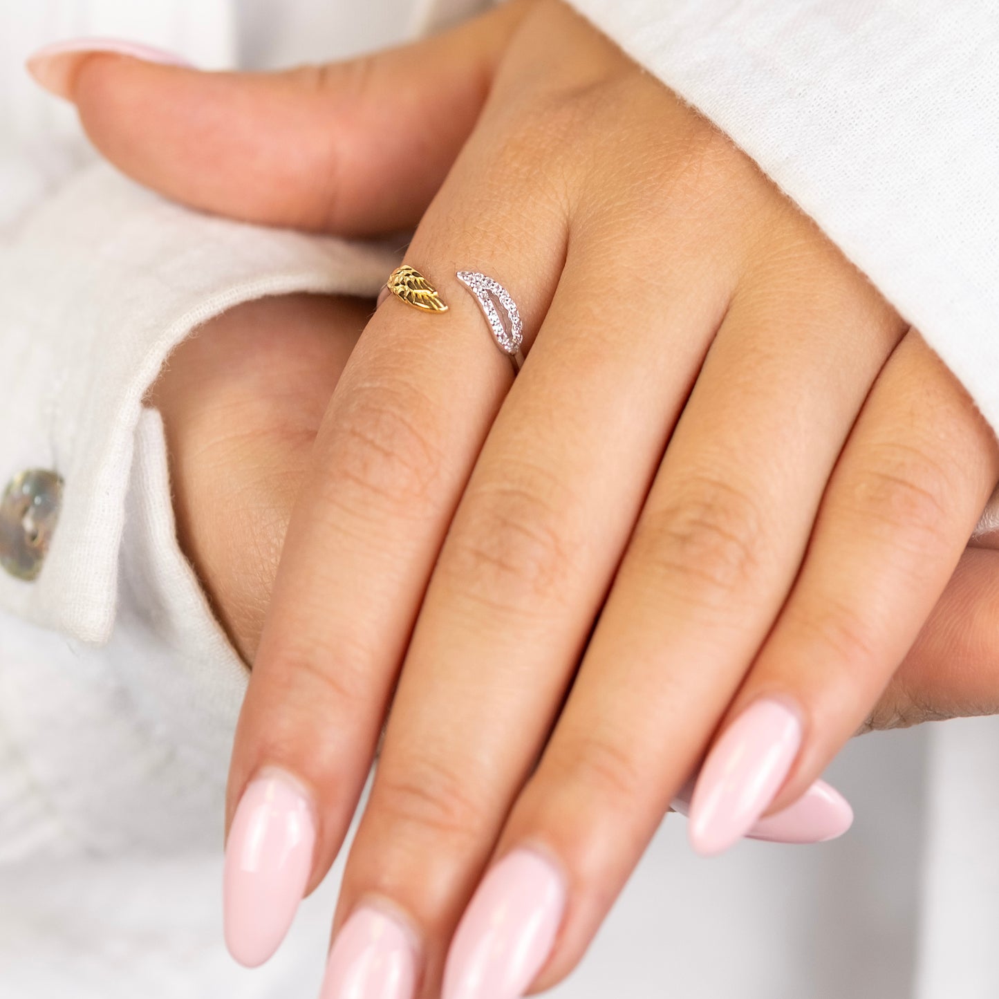 Engelsrufer women's ring silver open with bicolor wings and zirconia stones