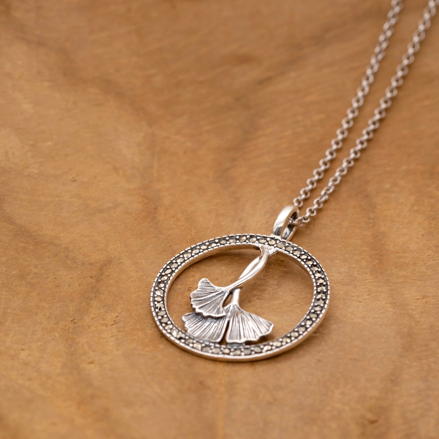 Halskette 925er Silber Ginkgo mit Markasit