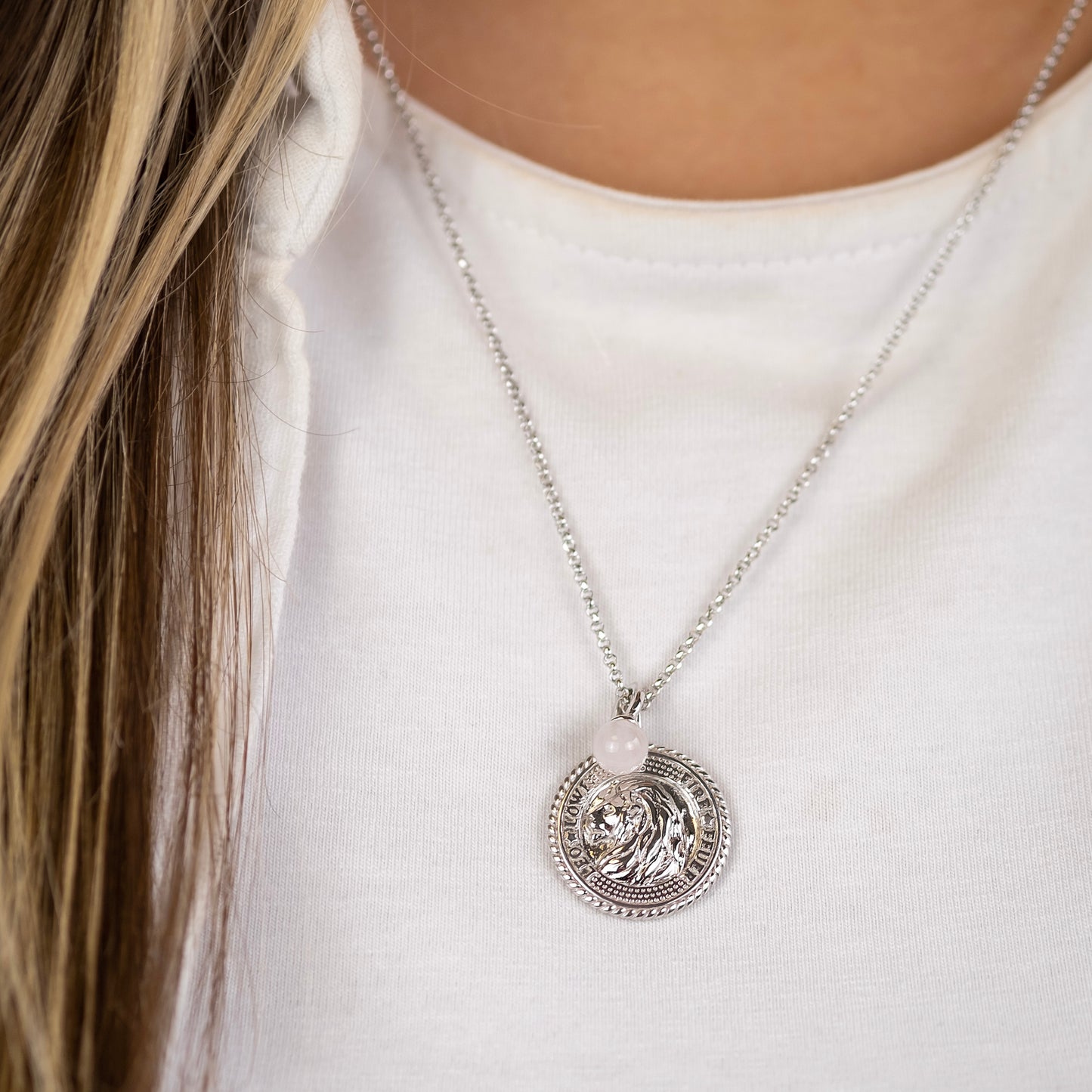 Engelsrufer women's necklace silver with zirconia, rose quartz stone and zodiac sign Leo