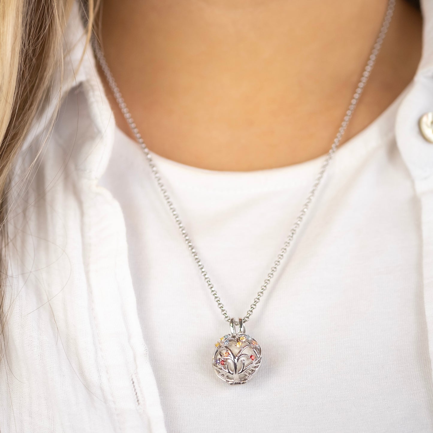Anhänger 925er Silber Bloom Klangkugel Weiß mit Zirkonia Multicolor