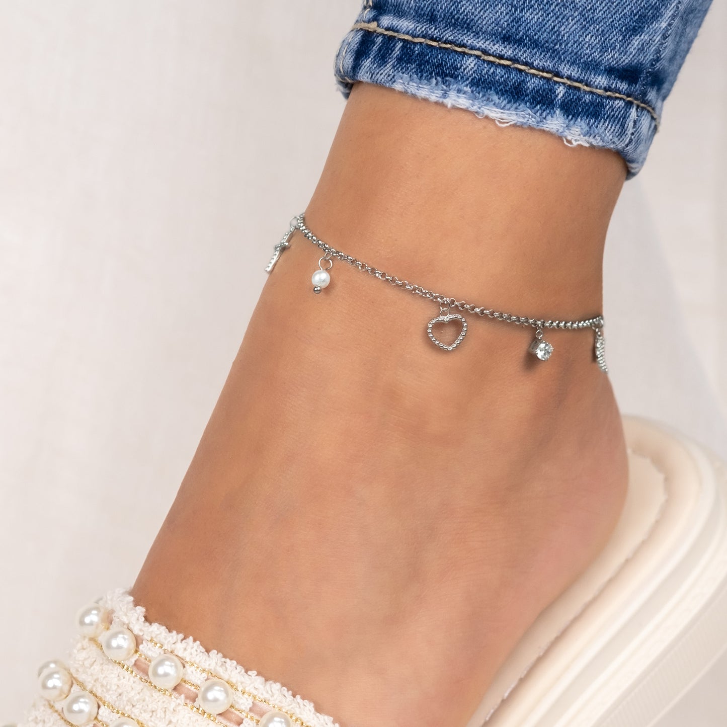Anklet Faith, Love and Hope in stainless steel with pearl and zirconia