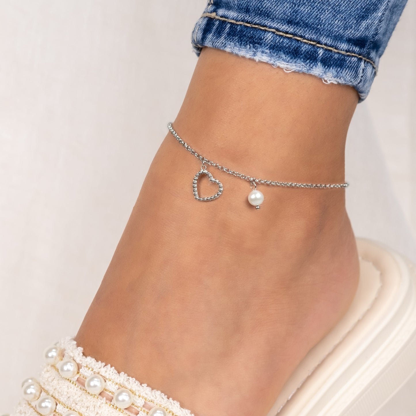 Anklet Heart Stainless Steel with Pearl