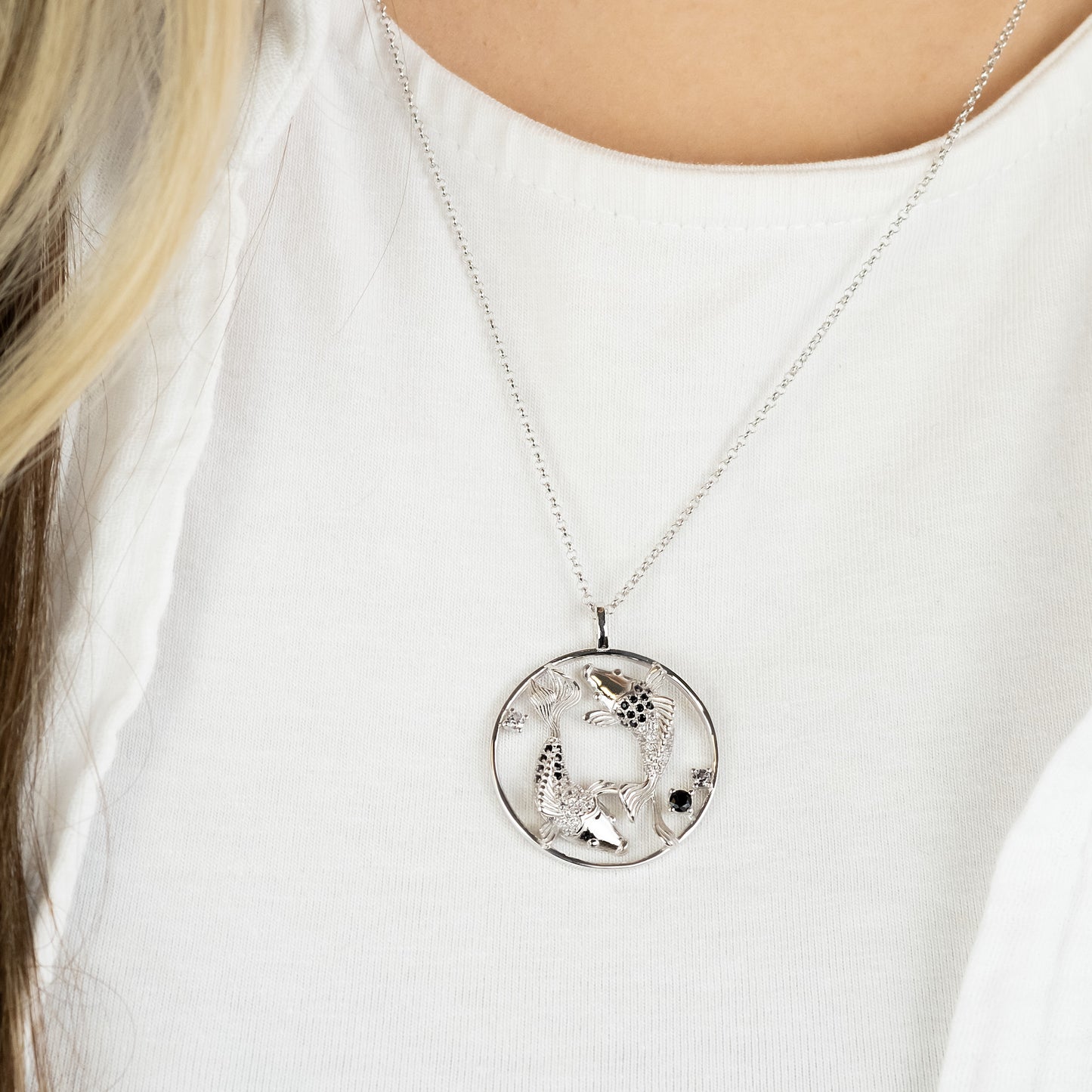 Necklace Yin Yang Fish Silver with Zirconia