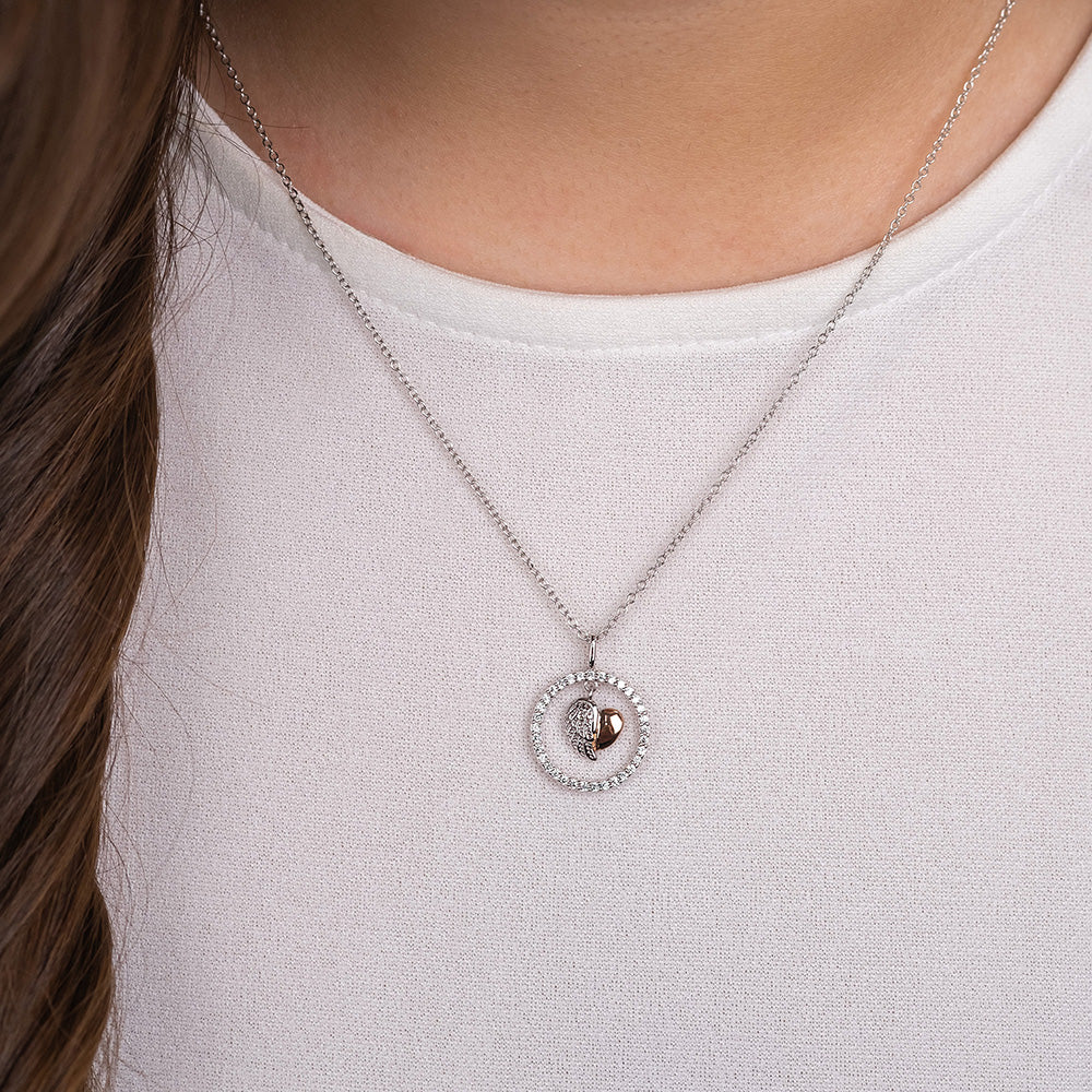 Halskette 925er Silber Herzflügel Bicolor mit Zirkonia