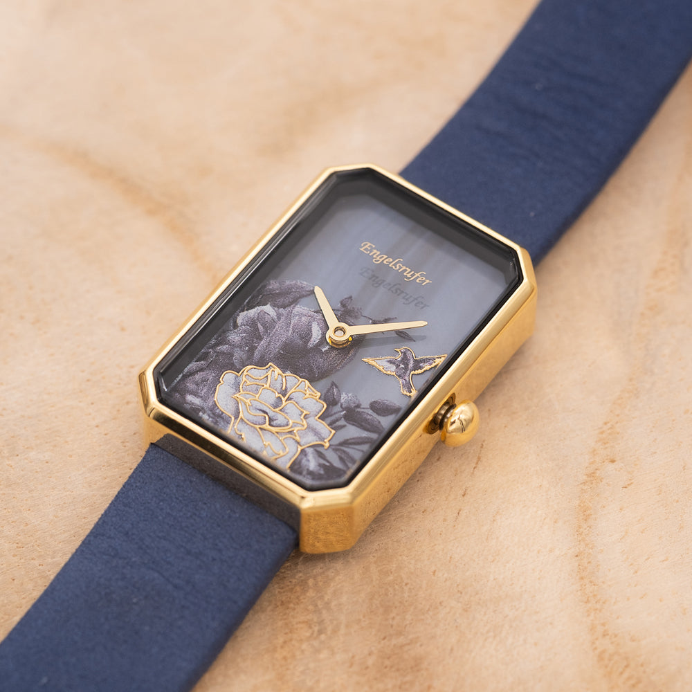 Engelsrufer women's watch analogue flower gold with nubuck leather strap midnight blue