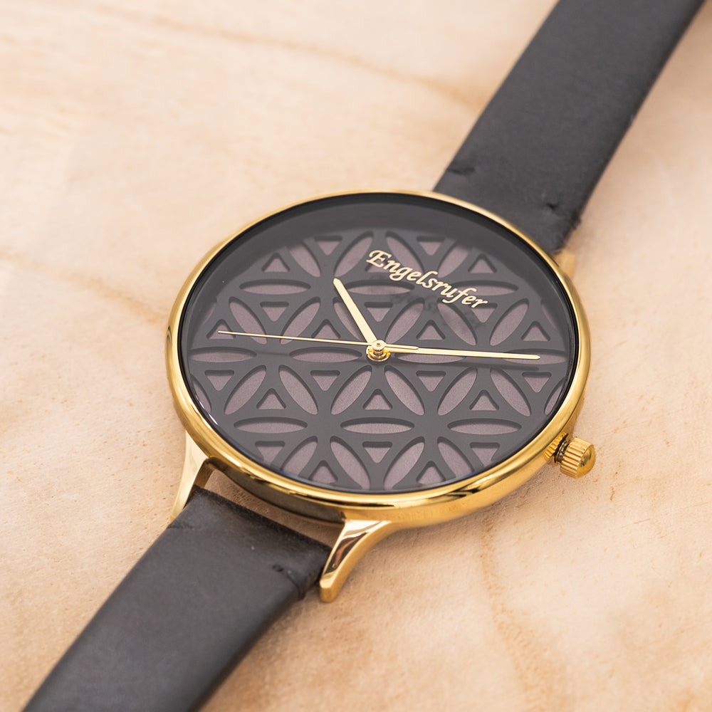Engelsrufer women's watch analog flower of life gold with black leather strap