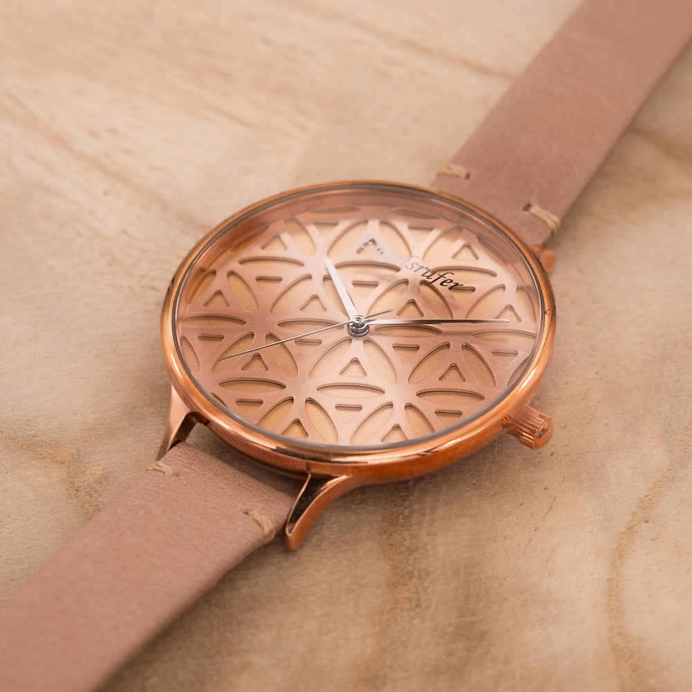 Engelsrufer women's watch Flower of Life rose gold with smooth leather strap light brown