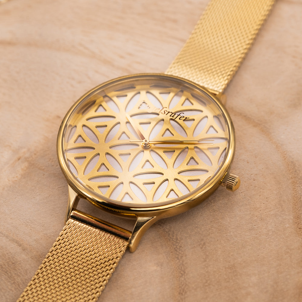 Engelsrufer women's watch gold flower of life with matching stainless steel mesh bracelet