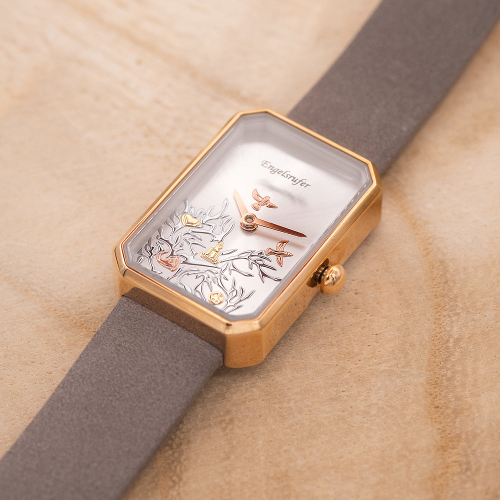 Engelsrufer wristwatch analog tree of life rose with gray nubuck leather strap