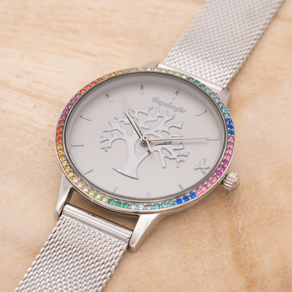 Engelsrufer watch tree of life silver with multicolored zirconia stones and silver mesh strap