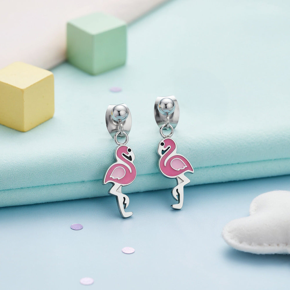 Kinder Ohrstecker Edelstahl Flamingo mit Emaille