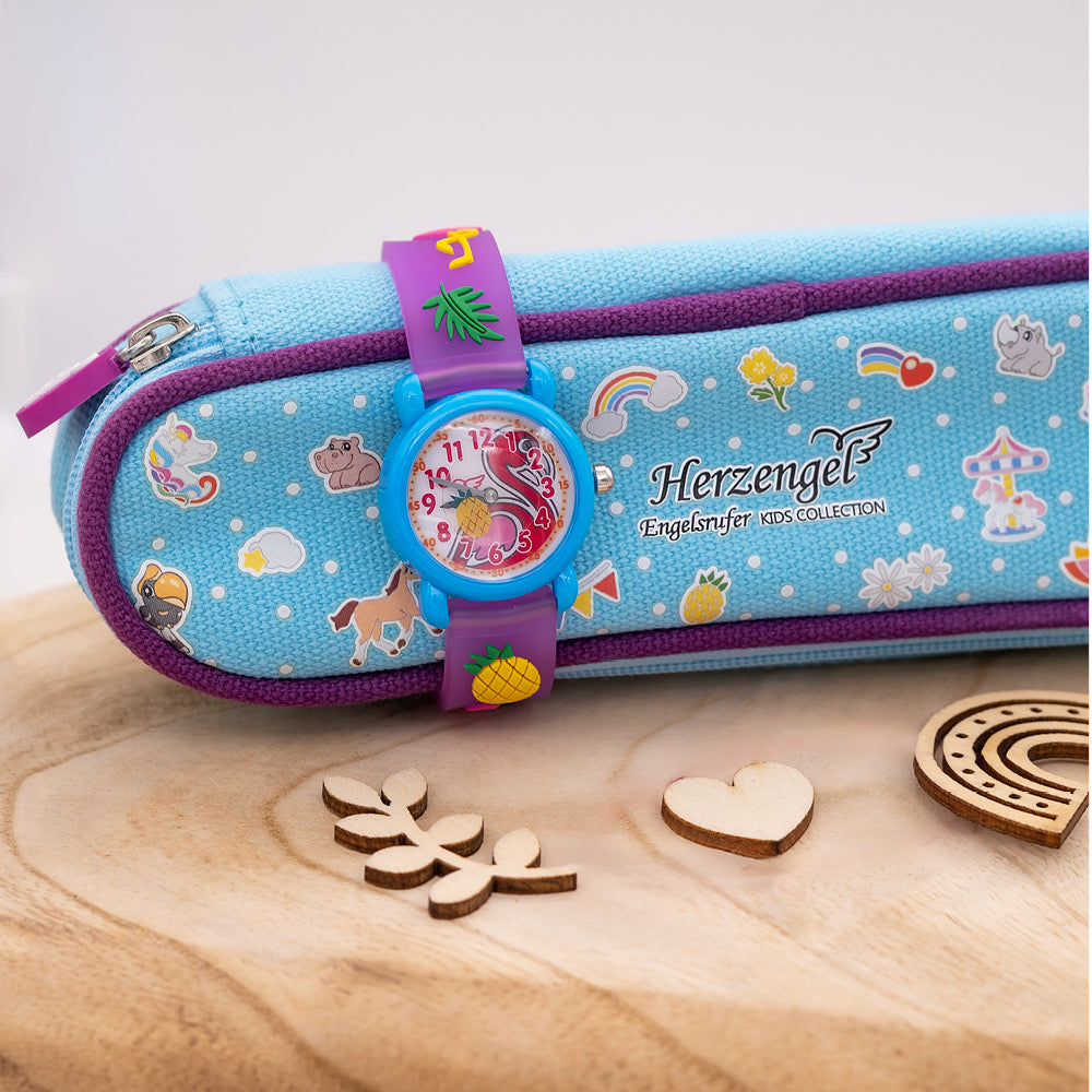 Herzengel Kinder Uhr Flamingo für Mädchen inkl. Schlampermäppchen