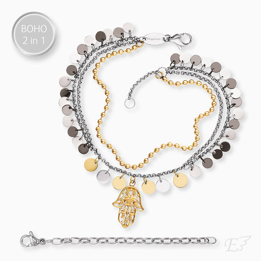 Duo 2 in 1: Armband Edelstahl BOHO Hand Fatimas Bicolor