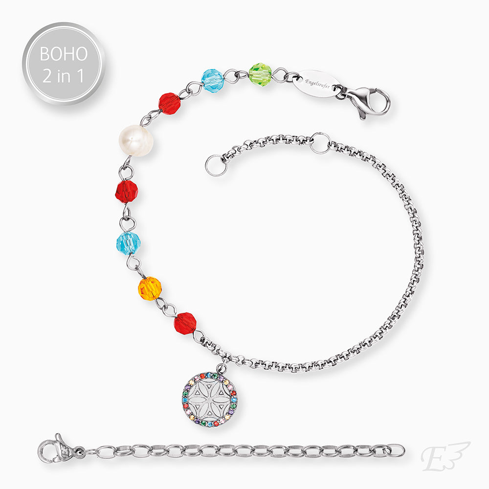 Duo 2 in 1: Armband Edelstahl BOHO Lebensblume mit Zirkonia Multicolor