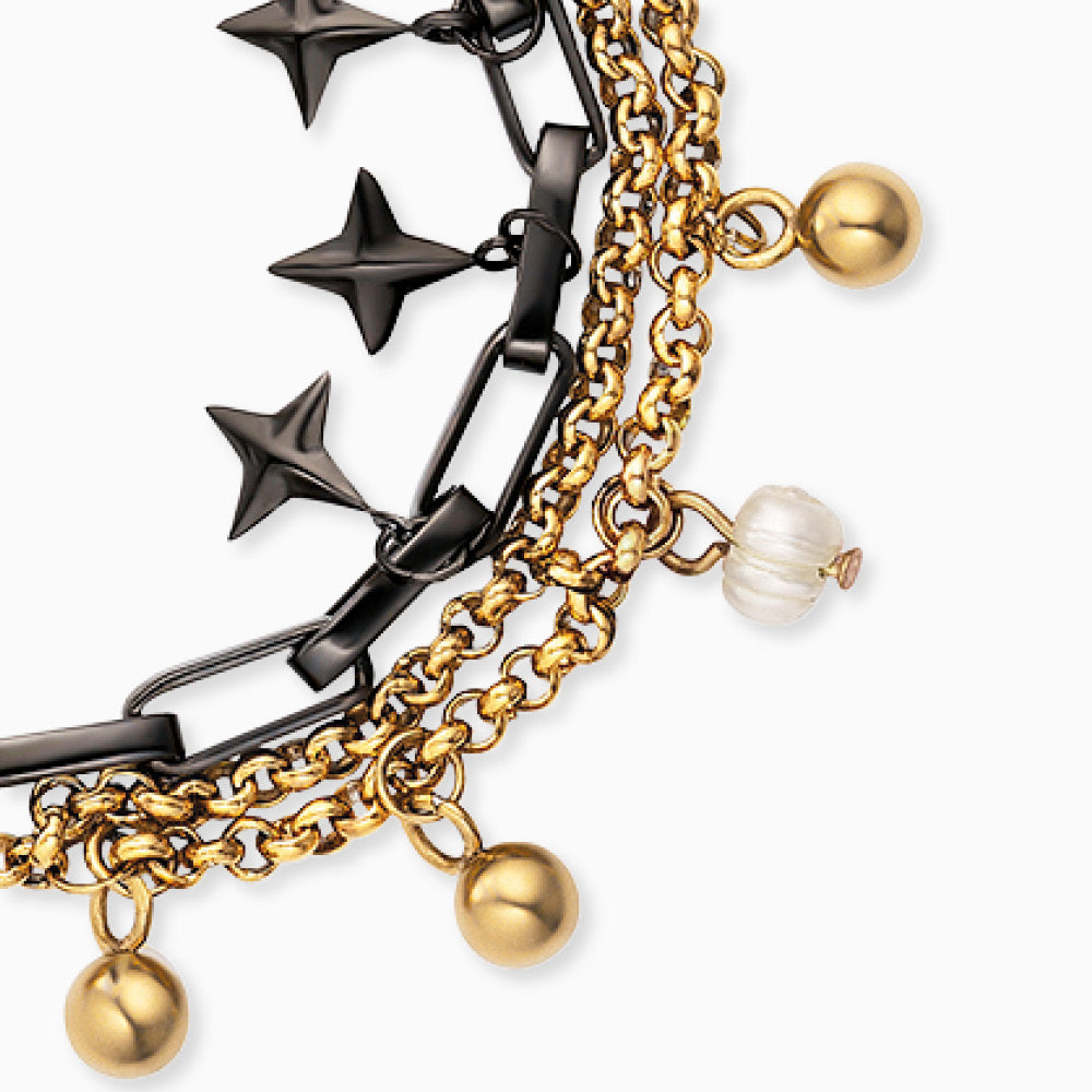 Duo 2 in 1: Bracelet stainless steel BOHO Windrose Bicolor with freshwater pearls