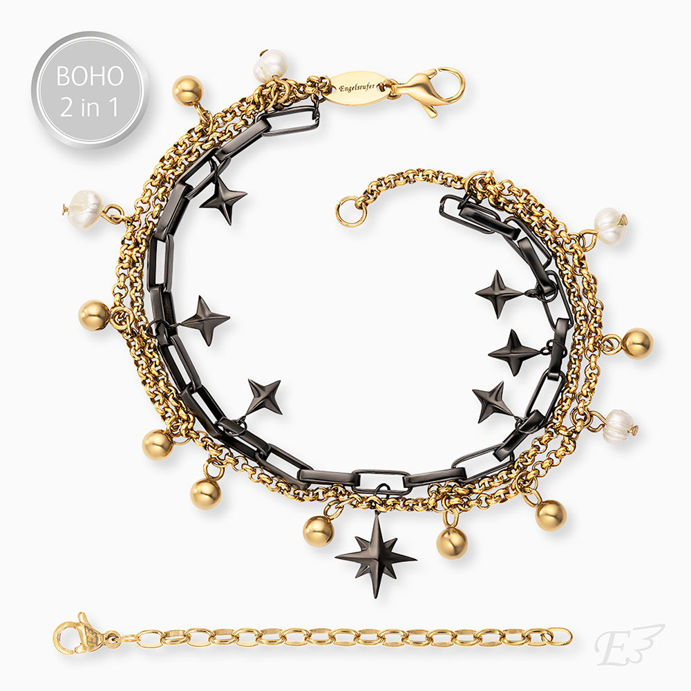 Duo 2 in 1: Bracelet stainless steel BOHO Windrose Bicolor with freshwater pearls