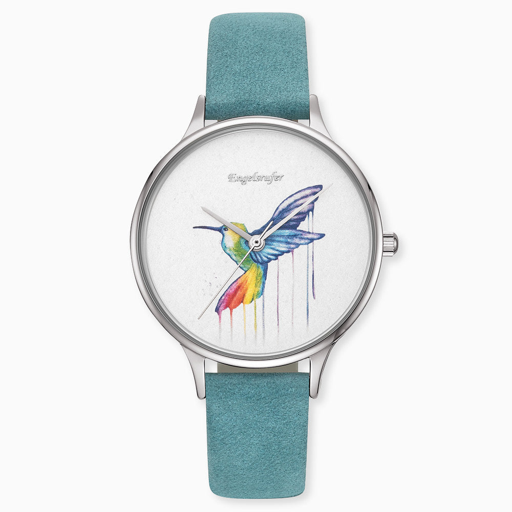 Uhr Edelstahl Colibri mit Nubuk Lederband Türkis