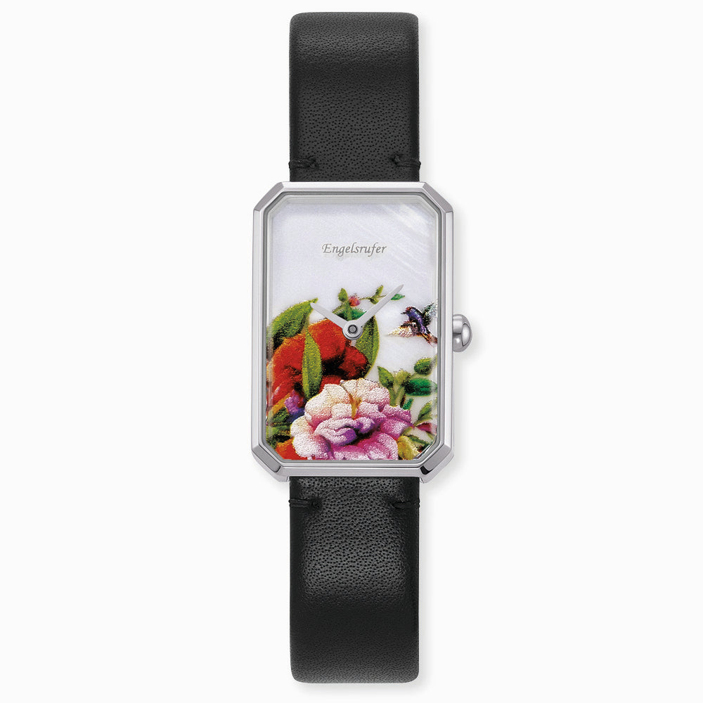 Uhr Edelstahl Blume mit Lederband Schwarz
