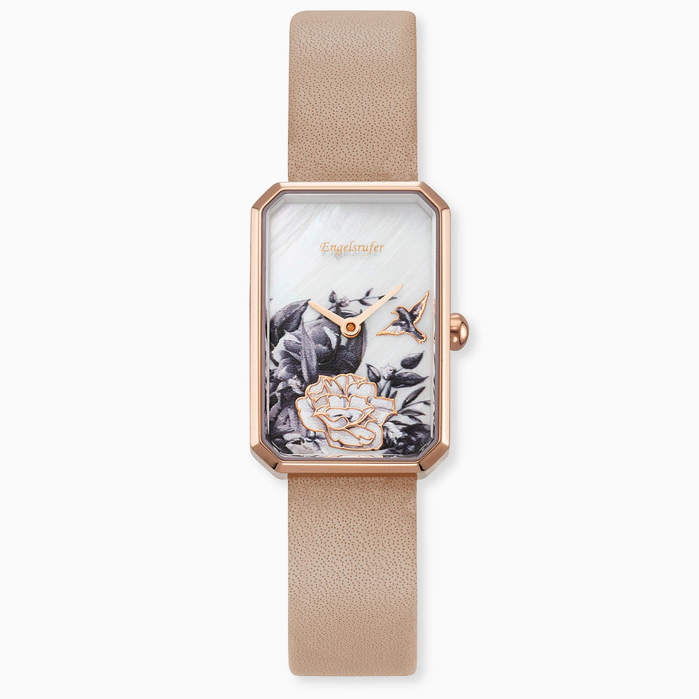 Uhr Edelstahl Blume mit Nubuk Lederband Braun