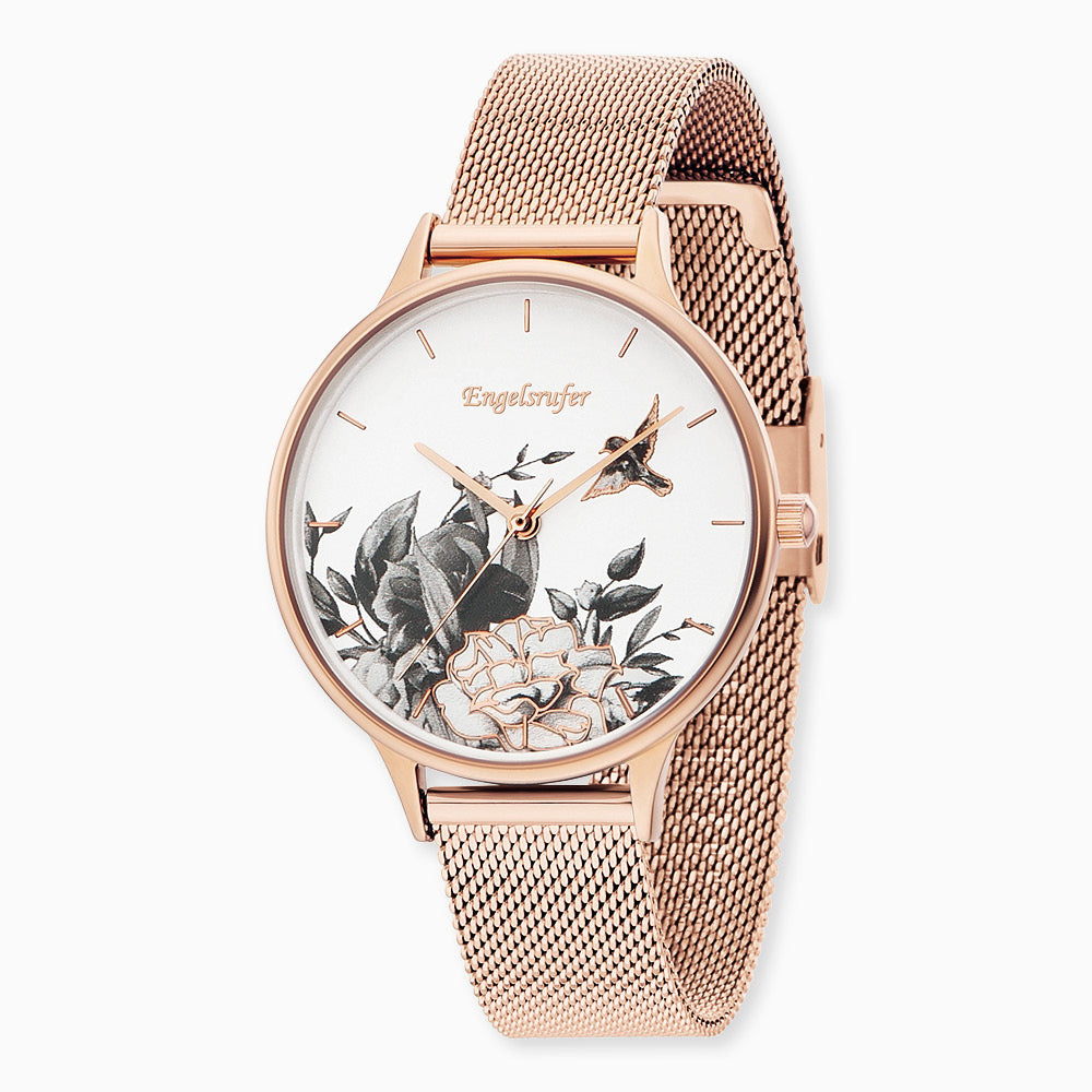 Uhr Edelstahl Blume Roségold mit Edelstahl Mesh-Band Roségold