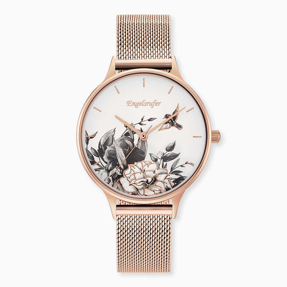 Uhr Edelstahl Blume Roségold mit Edelstahl Mesh-Band Roségold