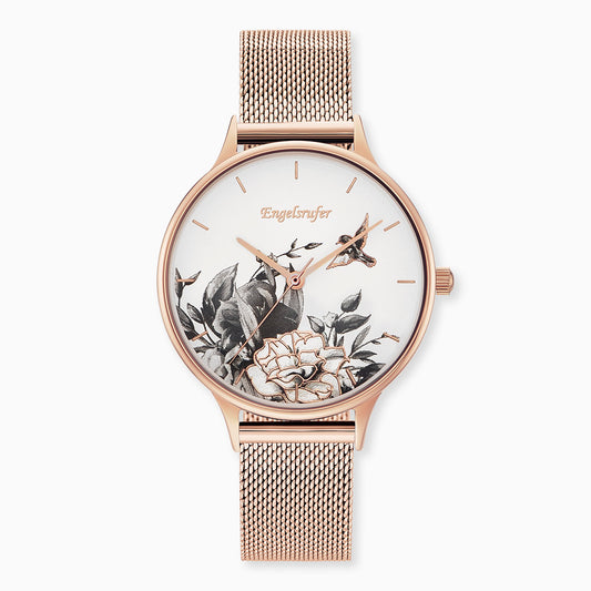 Uhr Edelstahl Blume Roségold mit Edelstahl Mesh-Band Roségold