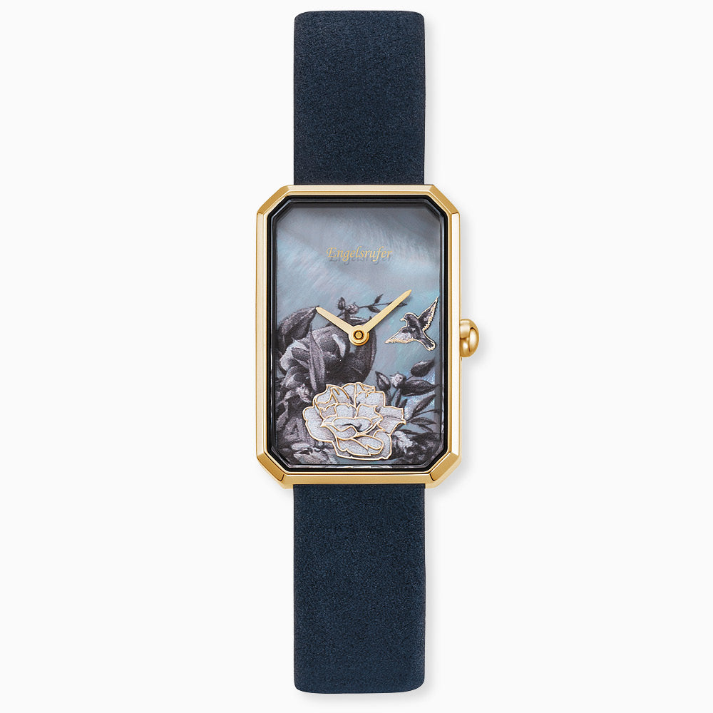 Uhr Edelstahl Blume Gold mit Nubuk Lederband Nachtblau