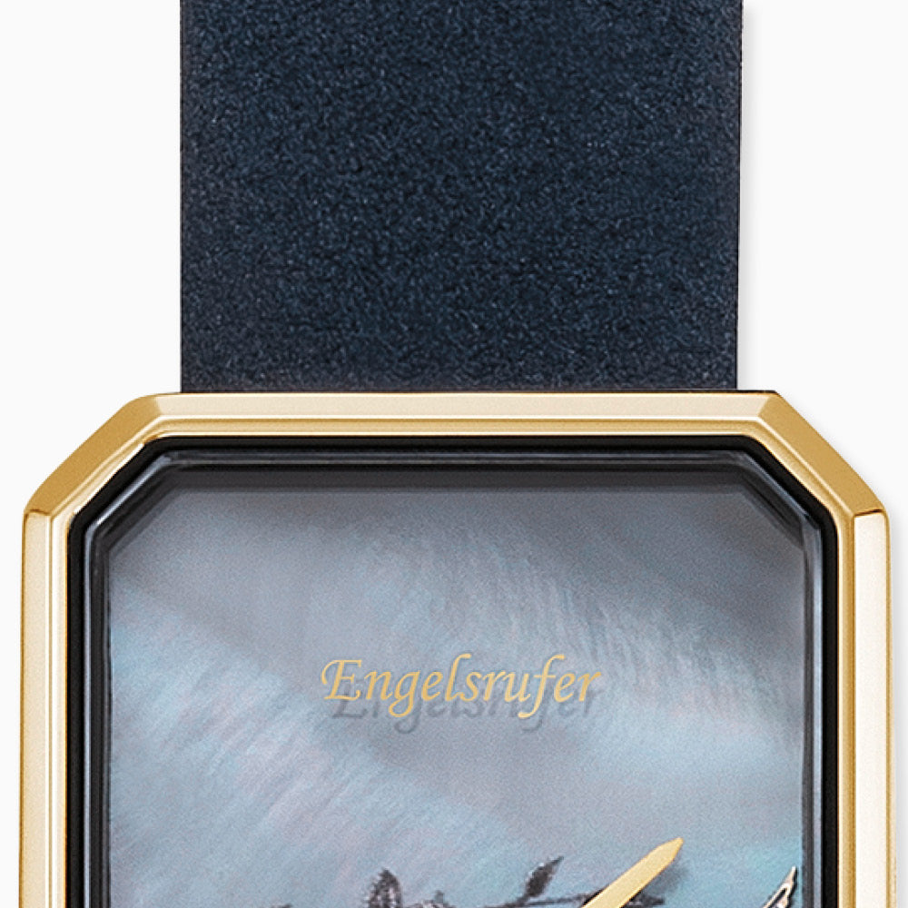 Uhr Edelstahl Blume Gold mit Nubuk Lederband Nachtblau
