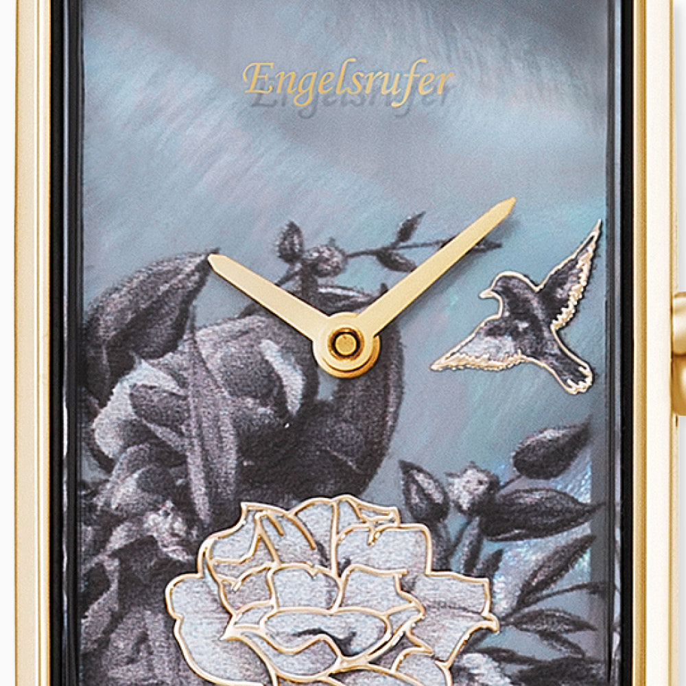 Uhr Edelstahl Blume Gold mit Nubuk Lederband Nachtblau