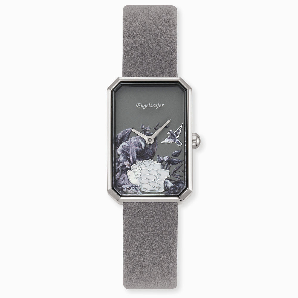 Uhr Edelstahl Blume mit Nubuk Lederband Grau