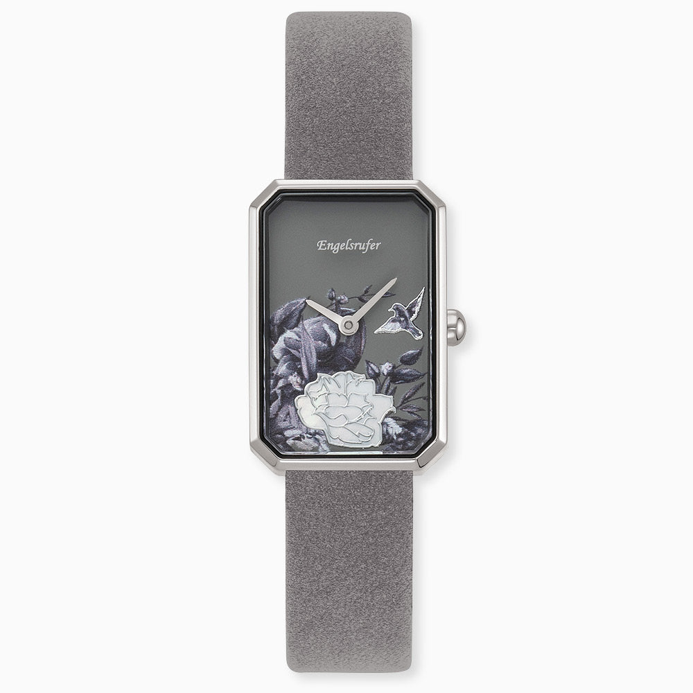 Uhr Edelstahl Blume mit Nubuk Lederband Grau