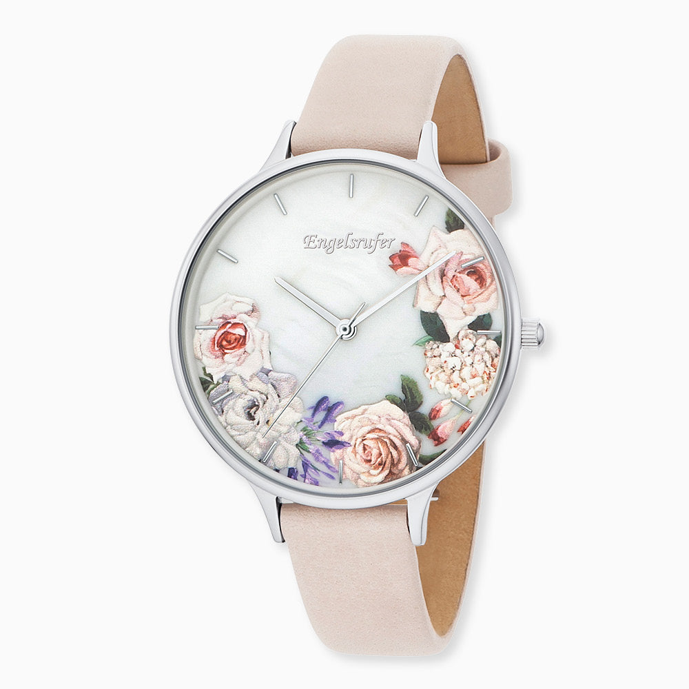 Uhr Edelstahl Blume mit Lederband Beige
