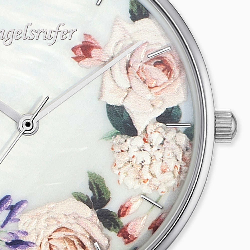 Uhr Edelstahl Blume mit Lederband Beige
