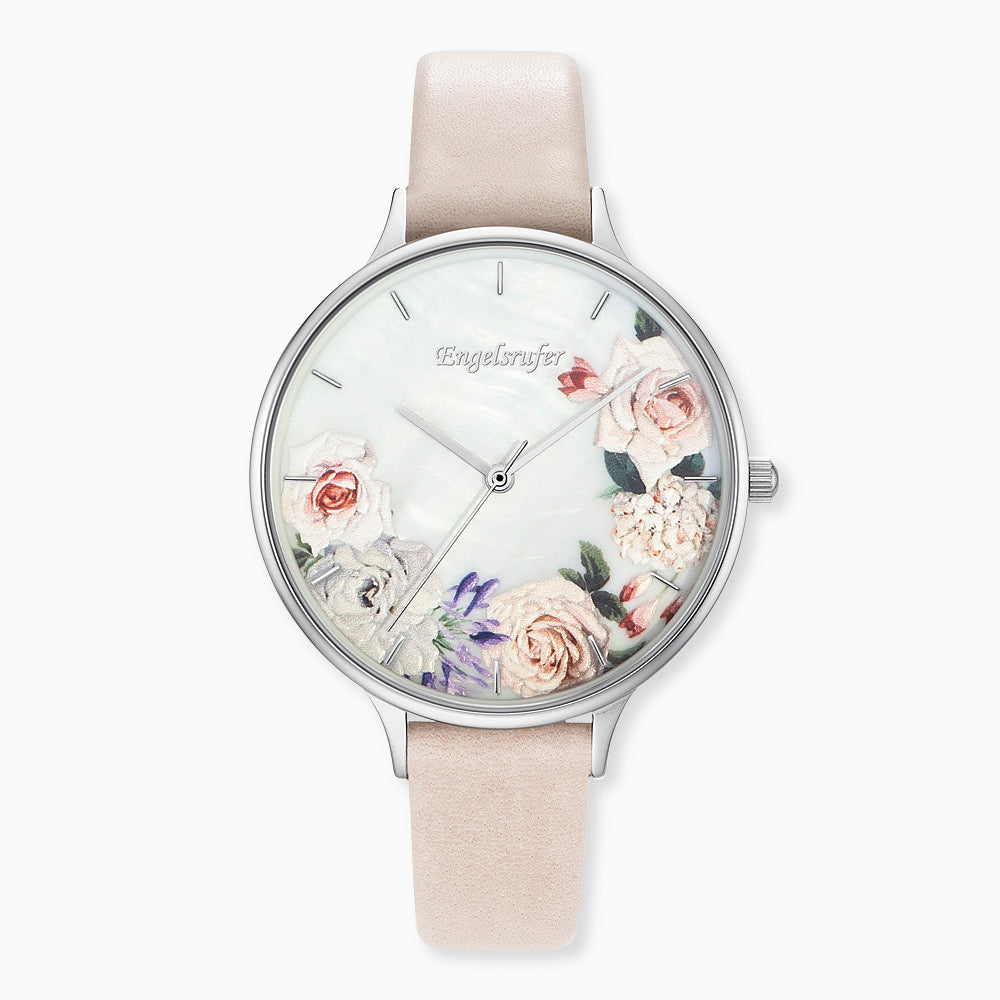 Uhr Edelstahl Blume mit Lederband Beige
