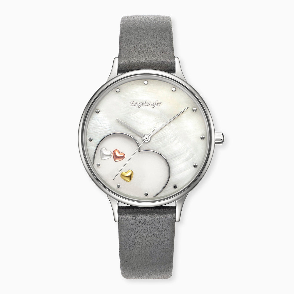 Uhr Edelstahl Herzen Tricolor mit Nubuk Lederband Grau