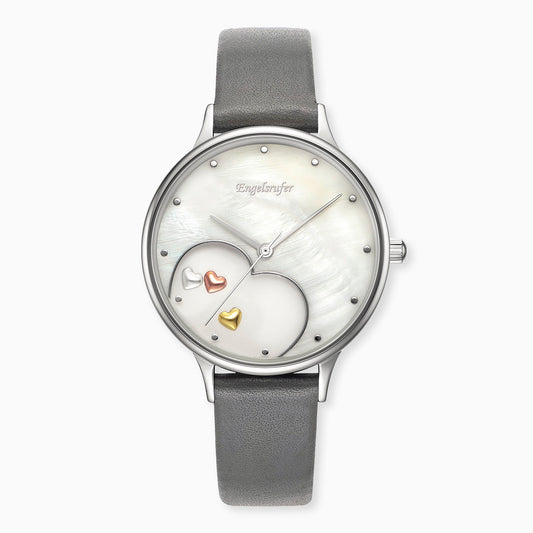 Uhr Edelstahl Herzen Tricolor mit Nubuk Lederband Grau