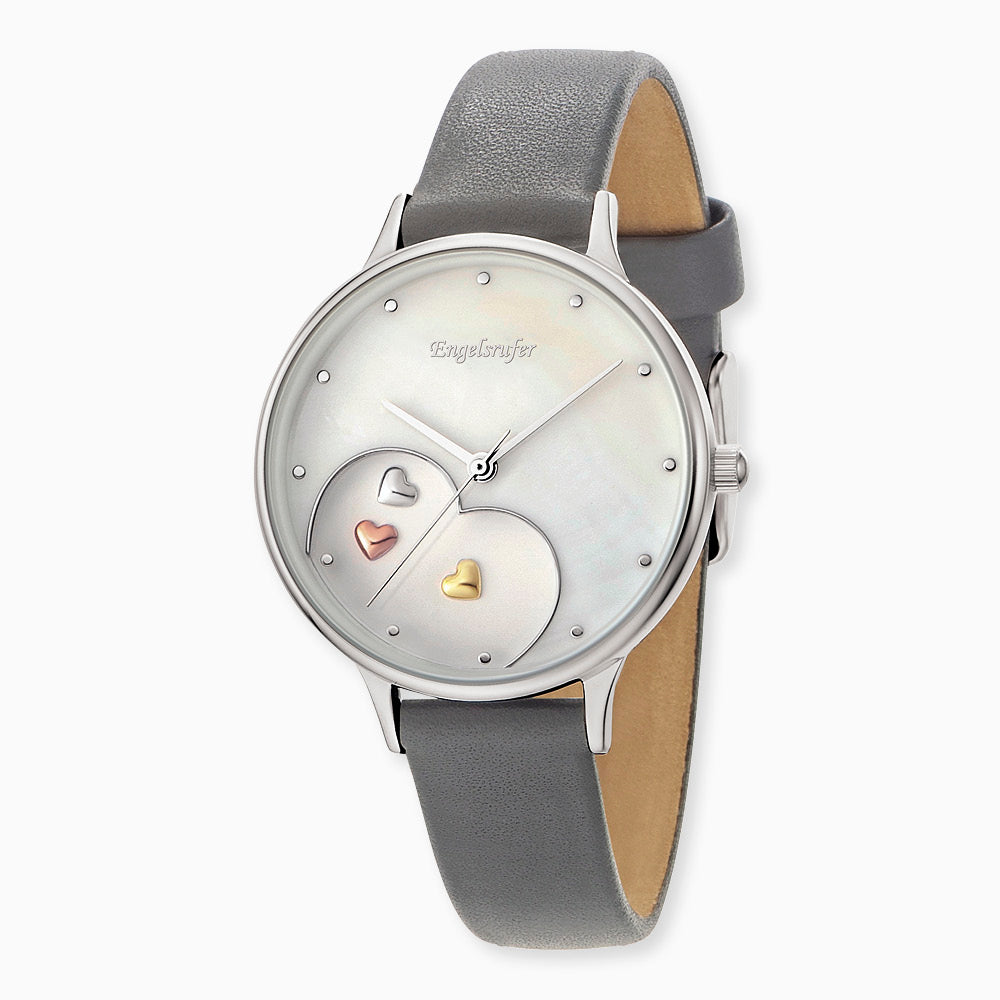 Uhr Edelstahl Herzen Tricolor mit Nubuk Lederband Grau