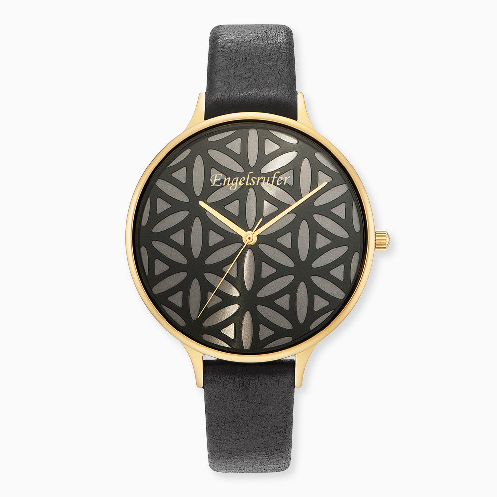 Uhr Edelstahl Lebensblume Gold mit Lederband Schwarz