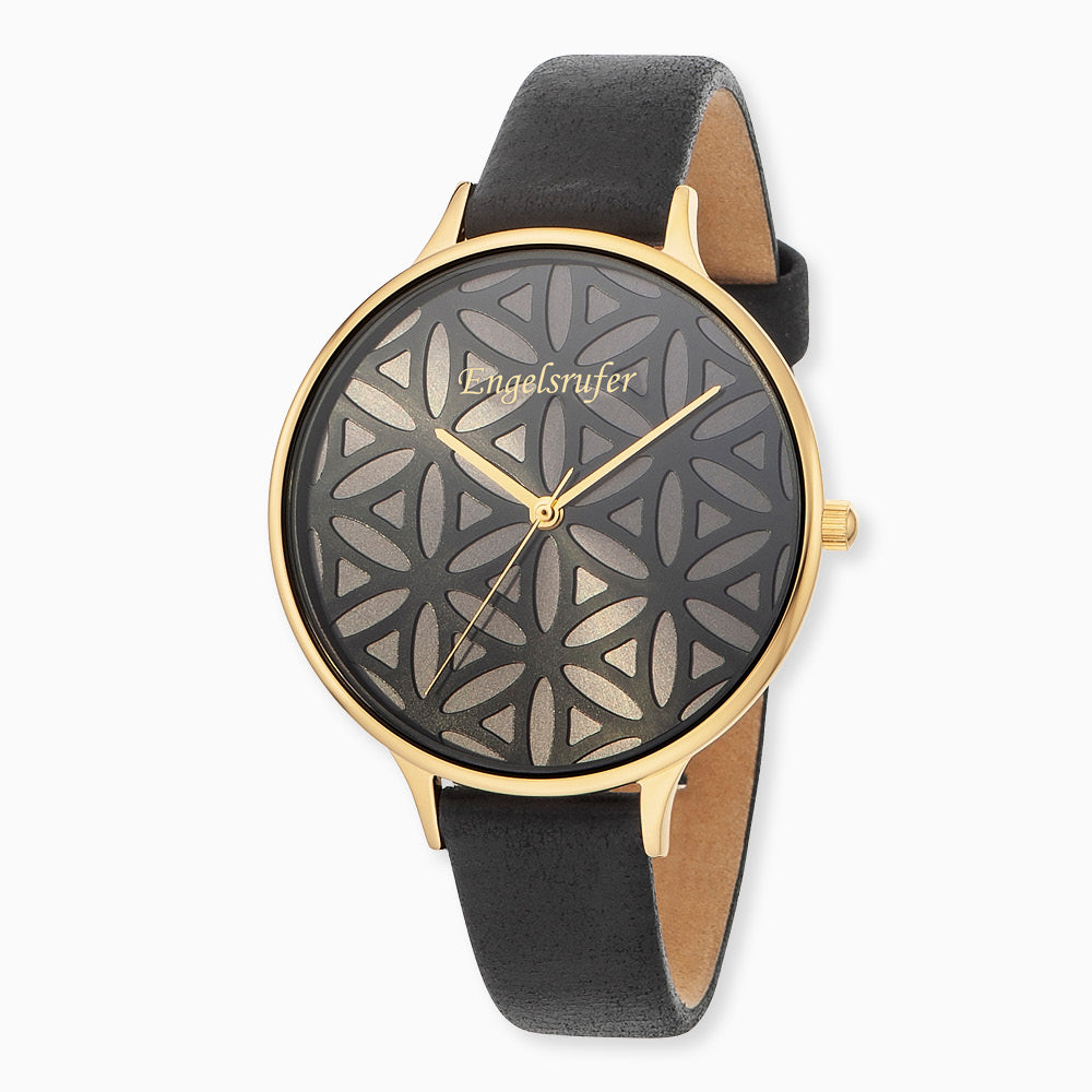 Uhr Edelstahl Lebensblume Gold mit Lederband Schwarz