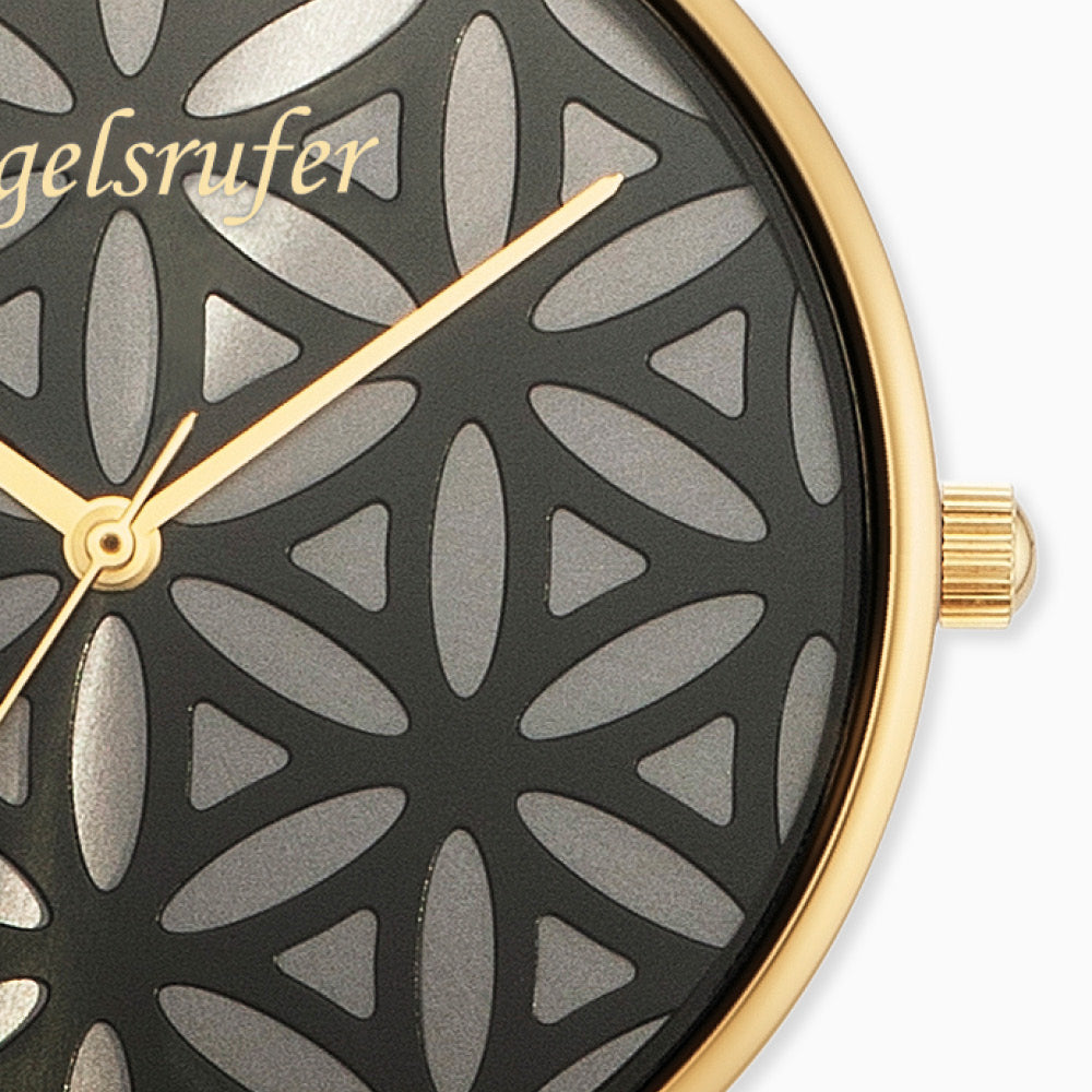 Uhr Edelstahl Lebensblume Gold mit Lederband Schwarz