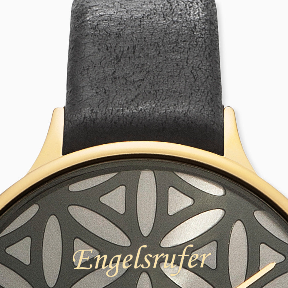 Uhr Edelstahl Lebensblume Gold mit Lederband Schwarz