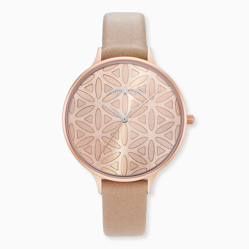 Uhr Edelstahl Lebensblume Rosegold mit Nubuk Lederband Hellbraun