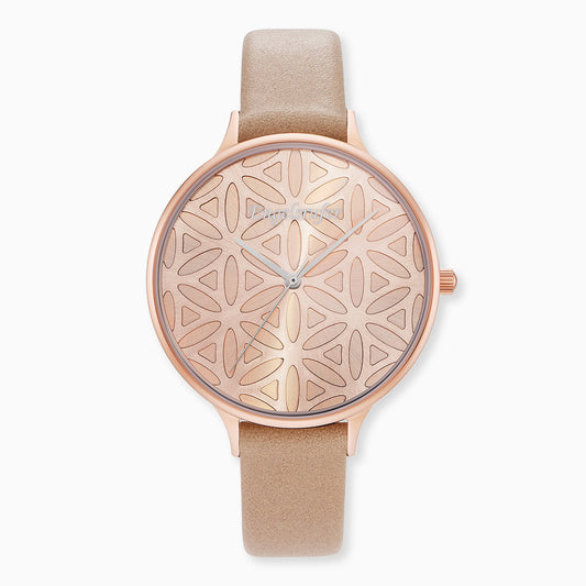 Uhr Edelstahl Lebensblume Rosegold mit Nubuk Lederband Hellbraun