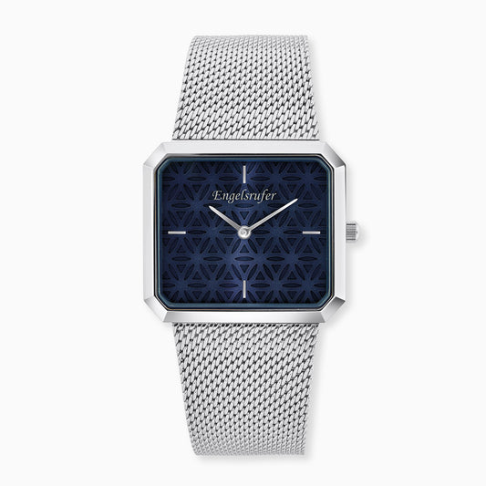 Uhr Edelstahl Lebensblume Blau mit Edelstahl Mesh-Band