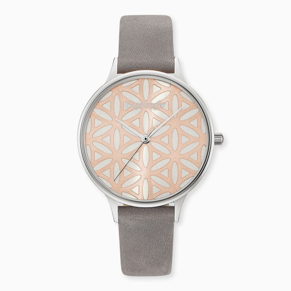 Uhr Edelstahl Lebensblume Bicolor mit Nubuk Lederband Grau