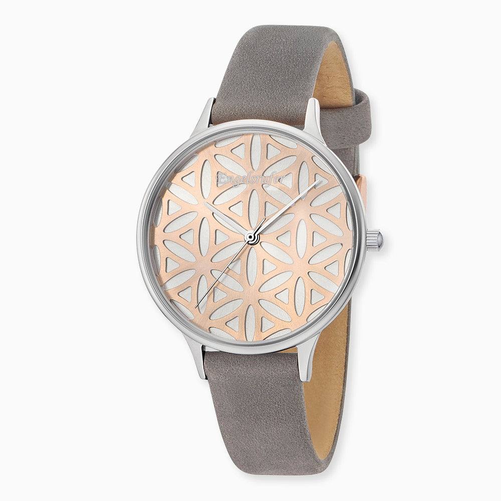 Uhr Edelstahl Lebensblume Bicolor mit Nubuk Lederband Grau