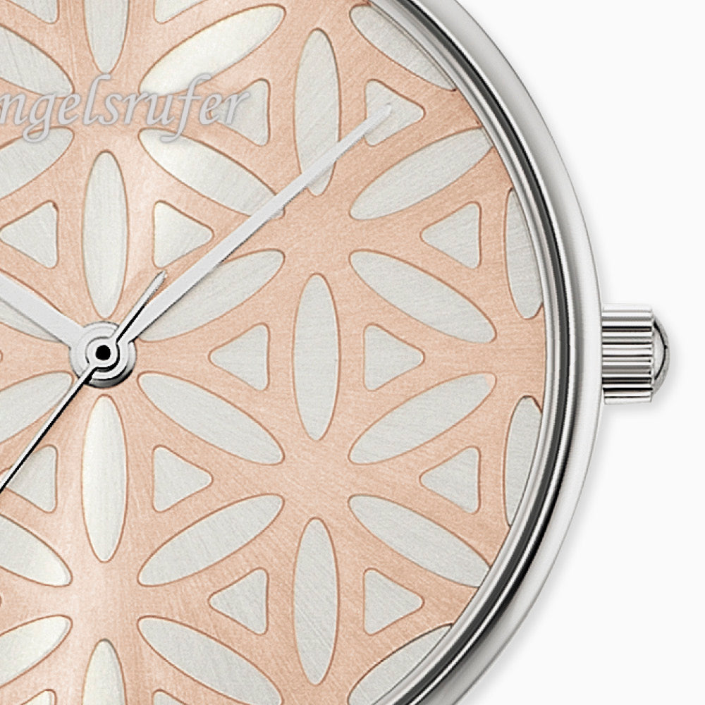 Uhr Edelstahl Lebensblume Bicolor mit Nubuk Lederband Grau