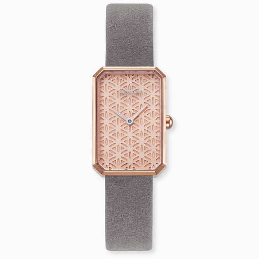 Uhr Edelstahl Lebensblume Rosé mit Nubuk Lederband Grau