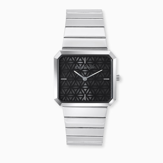Uhr Edelstahl Lebensblume Schwarz mit Edelstahl Armband