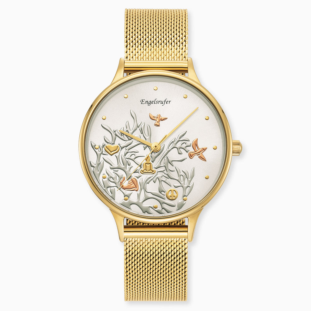 Uhr Edelstahl Lebensbaum mit Mesh-Band Gold